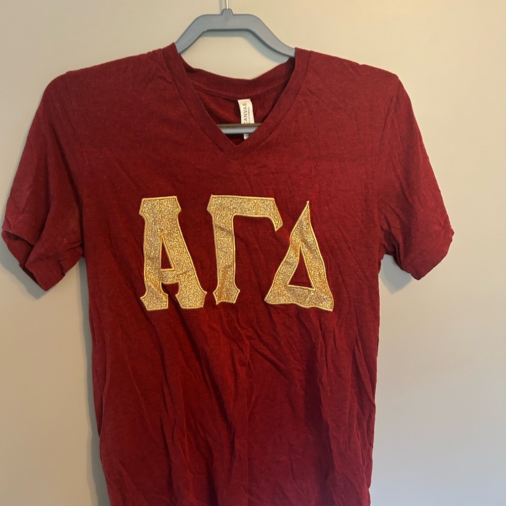 Red V-Neck T-Shirt with Gold Alpha Gamma Delta Letters